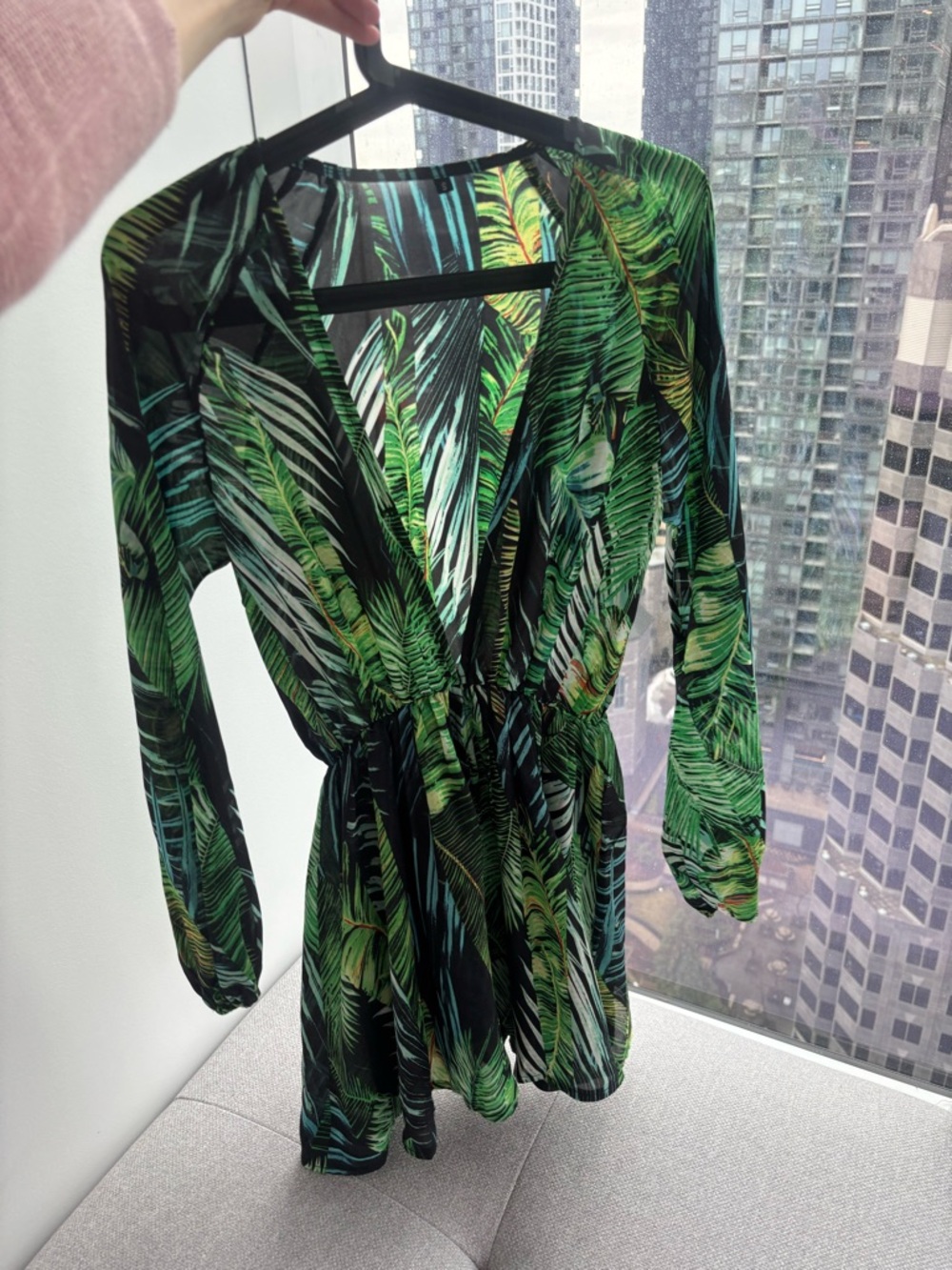 Tropical Leaf Print Long Sleeve Romper - Green